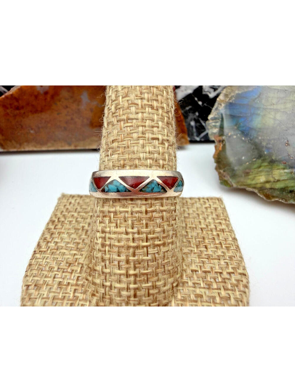 Vintage Old Pawn Sterling Silver Turquoise Coral Inlay Stones Band Ring